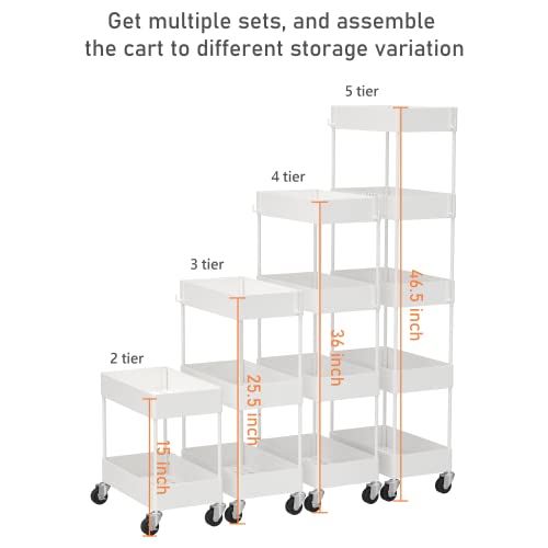 CAXXA 4-Tier Rolling Storage Organizer with 4 Small Baskets - Mobile Utility Cart with Caster Wheels, White