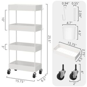 CAXXA 4-Tier Rolling Storage Organizer with 4 Small Baskets - Mobile Utility Cart with Caster Wheels, White