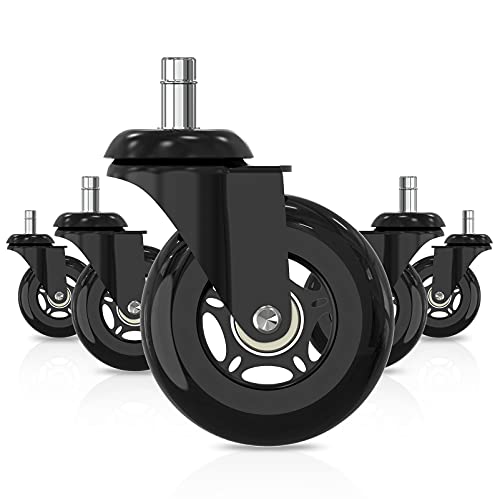 Office Chair Casters Wheels 3in Black Replacement Rubber Office Chair Wheels for Hardwood Floors and Carpet, Set of 5 Heavy Duty Office Chair Casters Smooth Safe Rolling(Black)