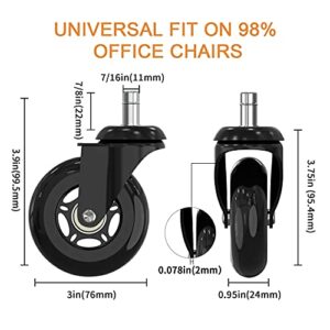 Office Chair Casters Wheels 3in Black Replacement Rubber Office Chair Wheels for Hardwood Floors and Carpet, Set of 5 Heavy Duty Office Chair Casters Smooth Safe Rolling(Black)