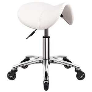 wkwker heavy duty saddle rolling stool with wheels hydraulic swivel adjustable rolling stool ergonomic thick leather seat stool chair for kitchen drafting lab office salon message stool – white