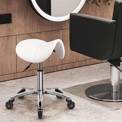 WKWKER Heavy Duty Saddle Rolling Stool with Wheels Hydraulic Swivel Adjustable Rolling Stool Ergonomic Thick Leather Seat Stool Chair for Kitchen Drafting Lab Office Salon Message Stool – White