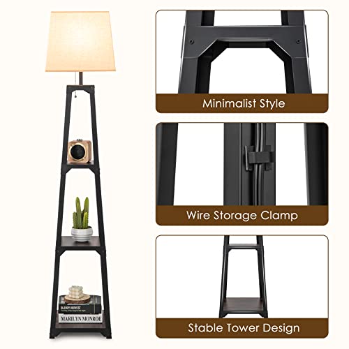 Tangkula Shelf Floor Lamp, 3 Tier Display Floor Lamp with Storage Shelves and Linen Lampshade, Modern Standing Lamp for Living Room Bedroom Office Decor, 63" Tall Corner Shelf Lamp, Black (Square)