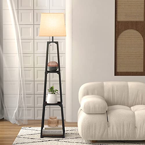 Tangkula Shelf Floor Lamp, 3 Tier Display Floor Lamp with Storage Shelves and Linen Lampshade, Modern Standing Lamp for Living Room Bedroom Office Decor, 63" Tall Corner Shelf Lamp, Black (Square)