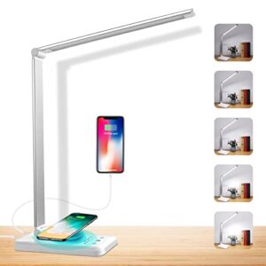 led desk lamp, wireless charging lamp office desk lights with wireless charger & usb charging port, table lamps with dimmable 25 lighting modes, smart timer for home office dorm room (silver white)