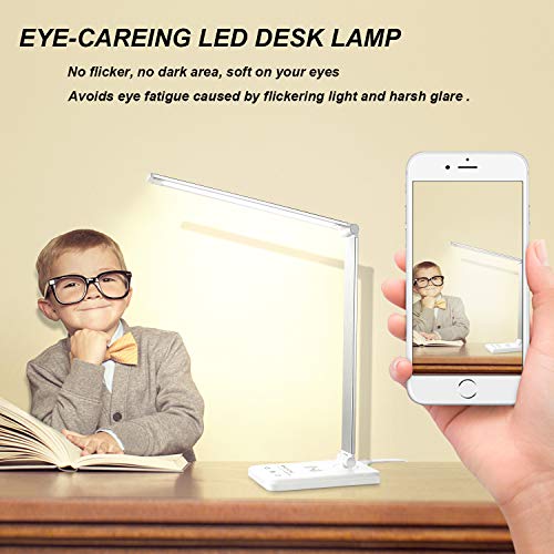 LED Desk Lamp, Wireless Charging Lamp Office Desk Lights with Wireless Charger & USB Charging Port, Table Lamps with Dimmable 25 Lighting Modes, Smart Timer for Home Office Dorm Room (Silver White)