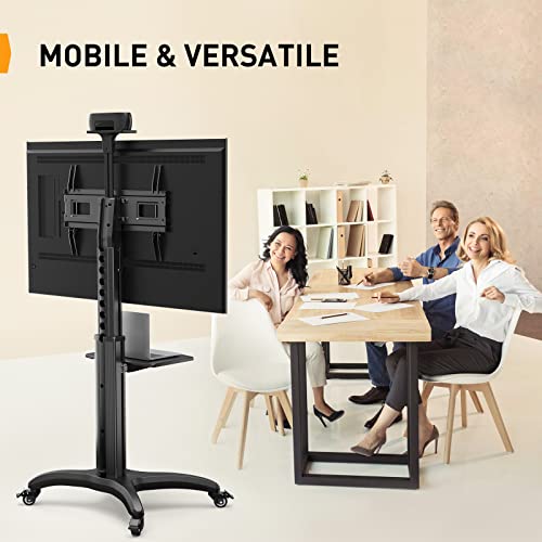 Perlegear Mobile TV Cart for 32-65, 70 inch Flat or Curved TVs up to 80 lbs, Rolling TV Stand with Media Shelf, Aluminum Height Adjustable Portable Floor TV Stand Wheels Max VESA 600x400mm, PGTVMC11