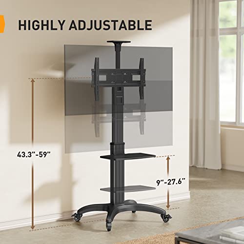 Perlegear Mobile TV Cart for 32-65, 70 inch Flat or Curved TVs up to 80 lbs, Rolling TV Stand with Media Shelf, Aluminum Height Adjustable Portable Floor TV Stand Wheels Max VESA 600x400mm, PGTVMC11