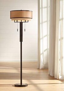 franklin iron works alamo industrial rustic farmhouse standing floor lamp 62″ tall bronze sheer brown organza linen fabric double drum shades for living room reading bedroom office house home decor