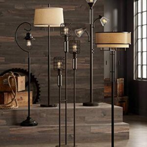 Franklin Iron Works Alamo Industrial Rustic Farmhouse Standing Floor Lamp 62" Tall Bronze Sheer Brown Organza Linen Fabric Double Drum Shades for Living Room Reading Bedroom Office House Home Decor