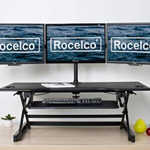 Rocelco 46" Large Adjustable Standing Desk Converter with Triple Monitor Mount - Sit Stand Up Computer Workstation Riser - Retractable Keyboard Tray - (R DADRB-46-DM3), Black