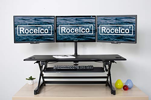 Rocelco 46" Large Adjustable Standing Desk Converter with Triple Monitor Mount - Sit Stand Up Computer Workstation Riser - Retractable Keyboard Tray - (R DADRB-46-DM3), Black