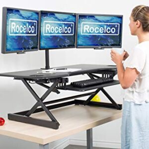Rocelco 46" Large Adjustable Standing Desk Converter with Triple Monitor Mount - Sit Stand Up Computer Workstation Riser - Retractable Keyboard Tray - (R DADRB-46-DM3), Black