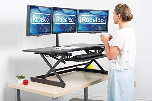 Rocelco 46" Large Adjustable Standing Desk Converter with Triple Monitor Mount - Sit Stand Up Computer Workstation Riser - Retractable Keyboard Tray - (R DADRB-46-DM3), Black