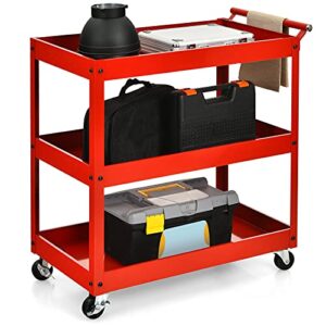 goplus 3-tier utility cart, heavy duty commercial service tool cart w/lockable wheels, 330lbs load capacity, ergonomic handle, rolling mechanic tool cart storage organizer for warehouse garage