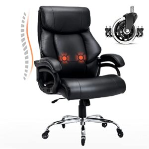 big and tall office chair 400lbs, massage office chair 2-point vibration, heavy duty executive desk chair with thick padded strong metal base quiet wheels,ergonomic design for back pain, black
