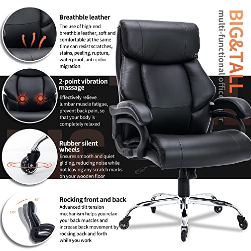 Big and Tall Office Chair 400lbs, Massage Office Chair 2-Point Vibration, Heavy Duty Executive Desk Chair with Thick Padded Strong Metal Base Quiet Wheels,Ergonomic Design for Back Pain, Black