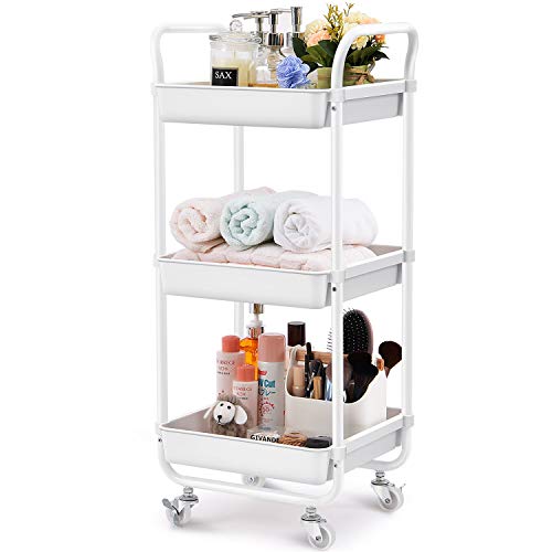 TOOLF 3-Tier Storage Rolling Cart, Kitchen Utility Cart with Wheels, Plastic Organiser Cart Rolling Trolley Shelving Unit, Storage Rack, Fruit Vegetable Rack