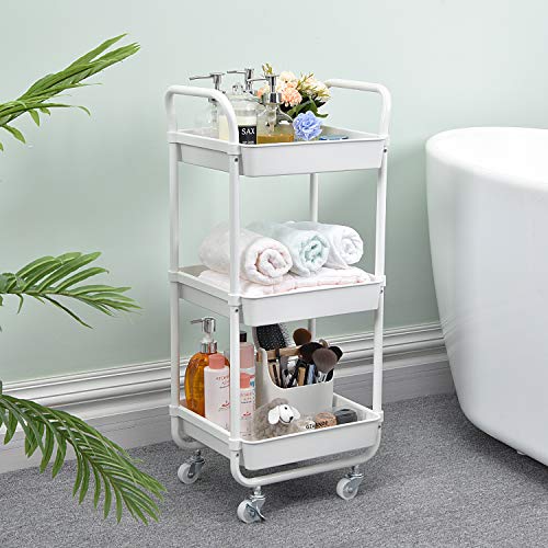 TOOLF 3-Tier Storage Rolling Cart, Kitchen Utility Cart with Wheels, Plastic Organiser Cart Rolling Trolley Shelving Unit, Storage Rack, Fruit Vegetable Rack