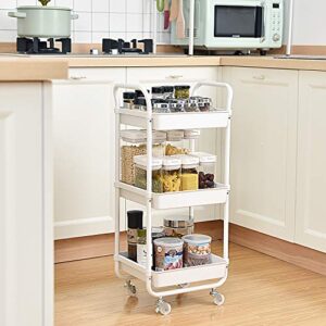 TOOLF 3-Tier Storage Rolling Cart, Kitchen Utility Cart with Wheels, Plastic Organiser Cart Rolling Trolley Shelving Unit, Storage Rack, Fruit Vegetable Rack