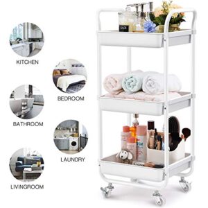 TOOLF 3-Tier Storage Rolling Cart, Kitchen Utility Cart with Wheels, Plastic Organiser Cart Rolling Trolley Shelving Unit, Storage Rack, Fruit Vegetable Rack