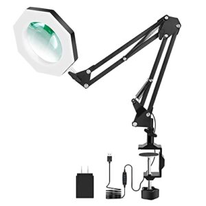 magnifying glass with light and stand, 3 color modes stepless dimmable, 5-diopter glass lens, adjustable swivel arm, led magnifier desk lamp for close work, repair, crafts, painting miniatures (16″)