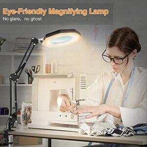 Magnifying Glass with Light and Stand, 3 Color Modes Stepless Dimmable, 5-Diopter Glass Lens, Adjustable Swivel Arm, LED Magnifier Desk Lamp for Close Work, Repair, Crafts, Painting Miniatures (16")