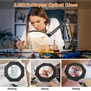 Magnifying Glass with Light and Stand, 3 Color Modes Stepless Dimmable, 5-Diopter Glass Lens, Adjustable Swivel Arm, LED Magnifier Desk Lamp for Close Work, Repair, Crafts, Painting Miniatures (16")