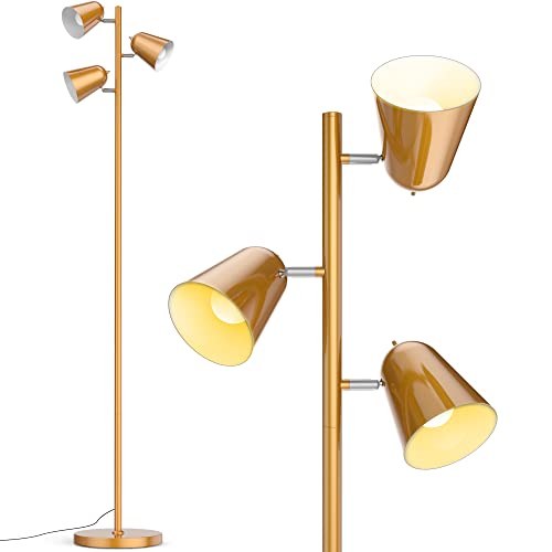 PAZZO Floor Lamp, 3pcs 8W LED Standing Tall Lamp,Tree Floor Lamp with 3 Adjustable Rotating Lights Industrial Floor Lamp for Living Room, Bedroom,Office,Gold