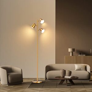 PAZZO Floor Lamp, 3pcs 8W LED Standing Tall Lamp,Tree Floor Lamp with 3 Adjustable Rotating Lights Industrial Floor Lamp for Living Room, Bedroom,Office,Gold