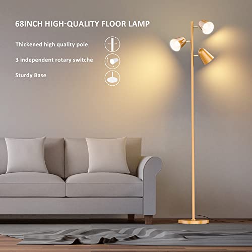 PAZZO Floor Lamp, 3pcs 8W LED Standing Tall Lamp,Tree Floor Lamp with 3 Adjustable Rotating Lights Industrial Floor Lamp for Living Room, Bedroom,Office,Gold