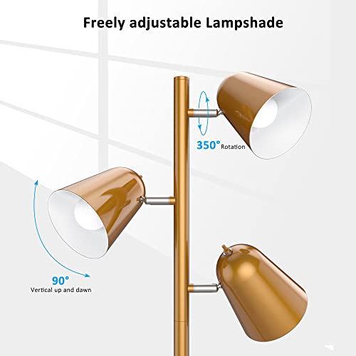 PAZZO Floor Lamp, 3pcs 8W LED Standing Tall Lamp,Tree Floor Lamp with 3 Adjustable Rotating Lights Industrial Floor Lamp for Living Room, Bedroom,Office,Gold