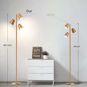 PAZZO Floor Lamp, 3pcs 8W LED Standing Tall Lamp,Tree Floor Lamp with 3 Adjustable Rotating Lights Industrial Floor Lamp for Living Room, Bedroom,Office,Gold