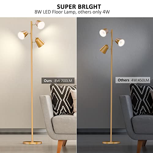 PAZZO Floor Lamp, 3pcs 8W LED Standing Tall Lamp,Tree Floor Lamp with 3 Adjustable Rotating Lights Industrial Floor Lamp for Living Room, Bedroom,Office,Gold