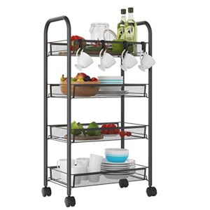 DEVO 4 Tier Metal Mesh Rolling Cart, Storage Organizer cart with 4 Side Hooks, Utility Carts with Lockable Wheels, for Home Kitchen Office Classroom (Black 1)