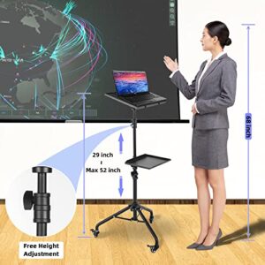 VIVEMCE Projector Stand Tripod on Wheels,Projector Tripod Stand Adjustable Height 29 to 52 Inch,with Removable Mouse Tray and Phone Holder,Portable Laptop Tripod Stand