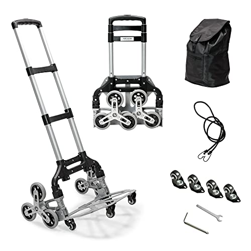 Stair Climber Dolly Cart, Folding Cart with 6 TPR Wheels, 180 LBS Capacity Heavy-Duty Aluminum Alloy Trolley Cart with 4 Extra Wheel, Foldable Furniture Dolly Shopping Cart for Package Delivery (Blue)