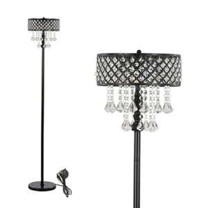 hsyile ku300266 mini european crystal floor lamp for living room,bedroom,office – standing tall pole lamp with 3 led bulbs – classic black