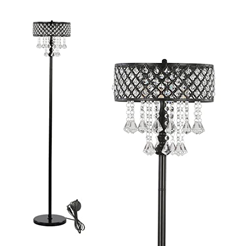 Hsyile KU300266 Mini European Crystal Floor Lamp for Living Room,Bedroom,Office - Standing Tall Pole Lamp with 3 LED Bulbs - Classic Black