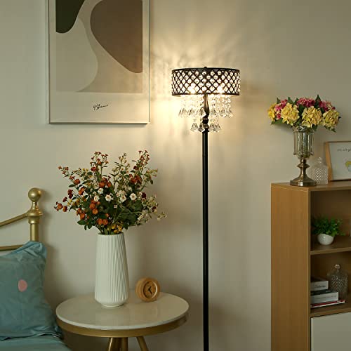 Hsyile KU300266 Mini European Crystal Floor Lamp for Living Room,Bedroom,Office - Standing Tall Pole Lamp with 3 LED Bulbs - Classic Black