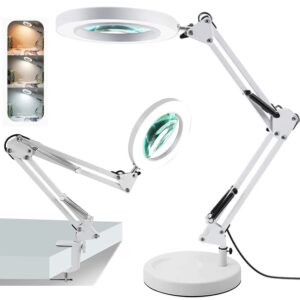 magnifying glass with light and stand – 2-in-1 stepless dimmable led magnifying desk lamp with clamp – 3 color modes lighted magnifier lens swivel arm light for reading, craft, close works