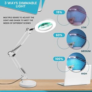 Magnifying Glass with Light and Stand - 2-in-1 Stepless Dimmable LED Magnifying Desk Lamp with Clamp - 3 Color Modes Lighted Magnifier Lens Swivel Arm Light for Reading, Craft, Close Works