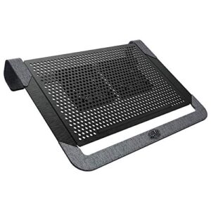 cooler master notepal u2 plus v2 laptop air cooler, dual 80mm moveable fans, lightweight aluminum cooling pad, polyester fiber dacron and aluminum material, supports up to 17” laptop