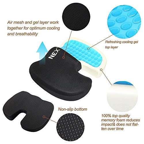 NEX Memory Foam Gel Seat Cushion for Office Chair, Comfort Butt Pillow for Tailbone Lower Back Pain Relief, Ergonomic Lower Back Support Work Chair Pad