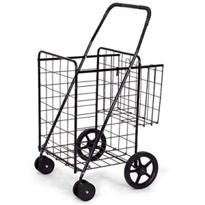 homgx jumbo folding shopping cart w/ 360° swivel wheels, portable laundry &utility cart w/ double basket, space-saving, metal rolling grocery cart on wheels, heavy duty shopping cart for groceries