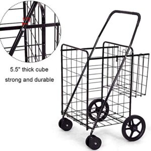 HOMGX Jumbo Folding Shopping Cart w/ 360° Swivel Wheels, Portable Laundry &Utility Cart w/ Double Basket, Space-Saving, Metal Rolling Grocery Cart on Wheels, Heavy Duty Shopping Cart for Groceries