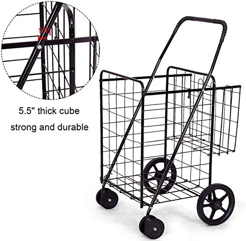 HOMGX Jumbo Folding Shopping Cart w/ 360° Swivel Wheels, Portable Laundry &Utility Cart w/ Double Basket, Space-Saving, Metal Rolling Grocery Cart on Wheels, Heavy Duty Shopping Cart for Groceries