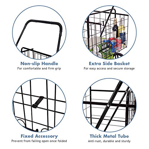 HOMGX Jumbo Folding Shopping Cart w/ 360° Swivel Wheels, Portable Laundry &Utility Cart w/ Double Basket, Space-Saving, Metal Rolling Grocery Cart on Wheels, Heavy Duty Shopping Cart for Groceries