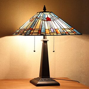 cotoss tiffany table lamp 16″ wide handmade stained glass lamp shade 2 light blue mission style vintage table lamp for living room bedroom