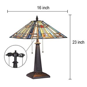 COTOSS Tiffany Table Lamp 16" Wide Handmade Stained Glass Lamp Shade 2 Light Blue Mission Style Vintage Table Lamp for Living Room Bedroom